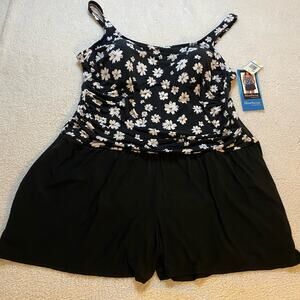 SlimSwim 3X swimsuit Black and White Vinca Floral Print Tank style with Shorts